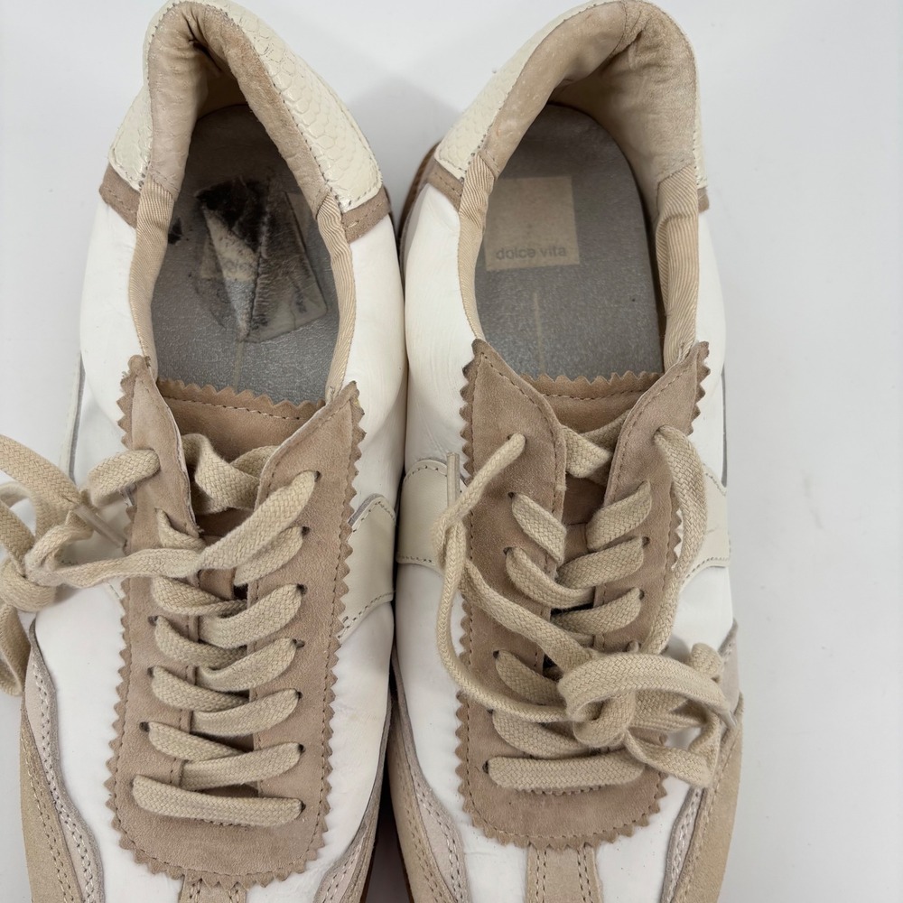 Dolce Vita Zina Sneakers Womens 10 White Tan Leather Suede Gum Sole Low Top - Picture 8 of 10